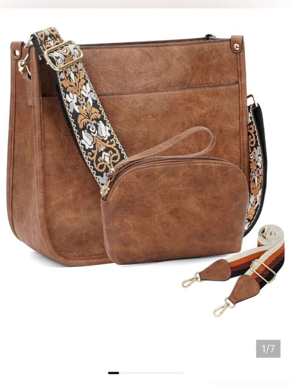 HKCLUF Vegan Leather crossbody Bag with Removable Pouch and Patterned Strap